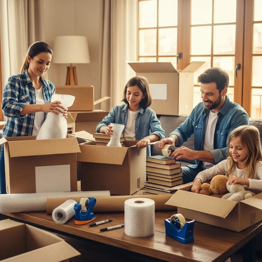 Family packing belongings into boxes, illustrating packing assistance for moving
