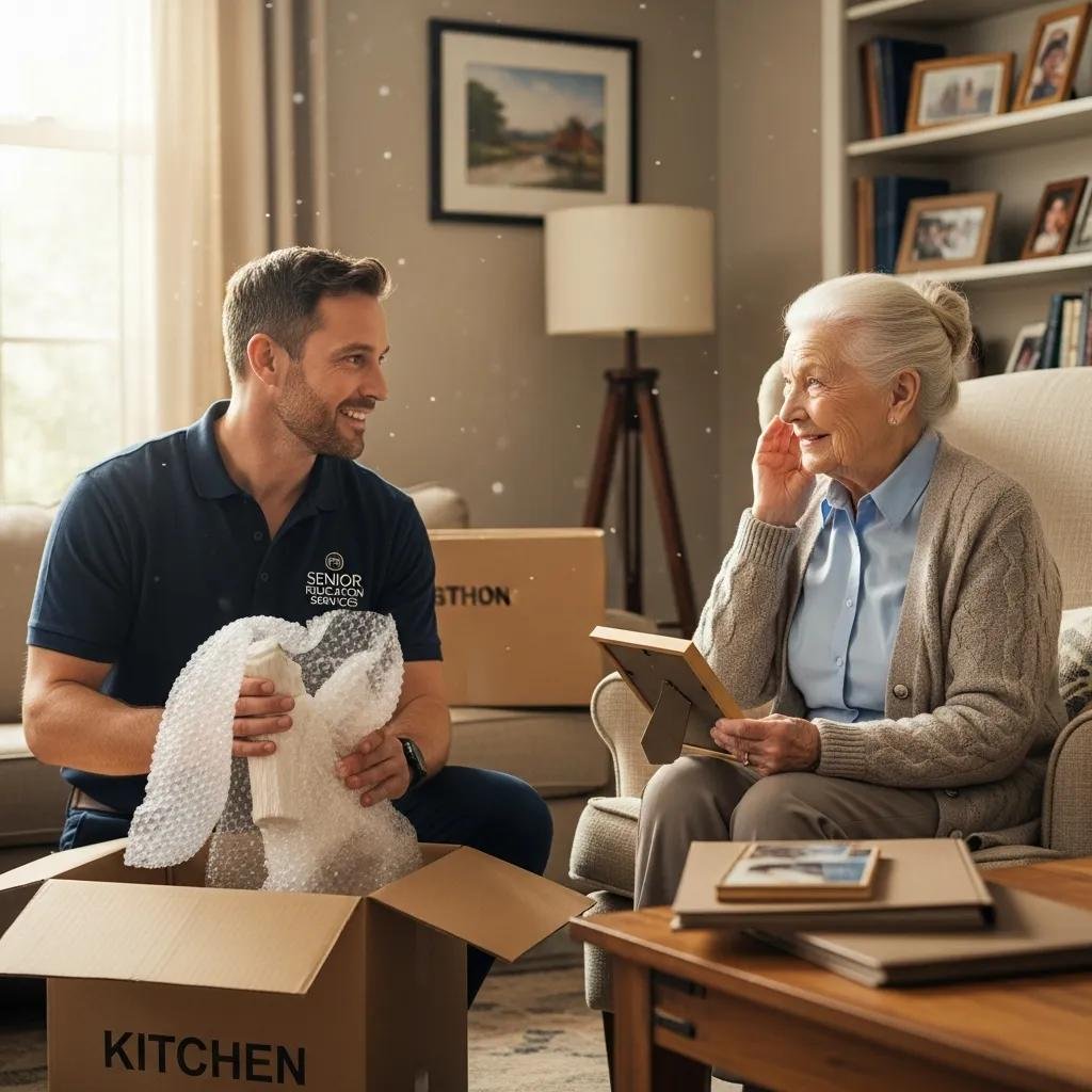 Mover assisting a senior citizen with packing, highlighting specialized senior moving services