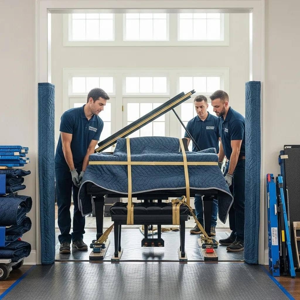 Movers handling a delicate piano with care, showcasing specialized moving services in Boston