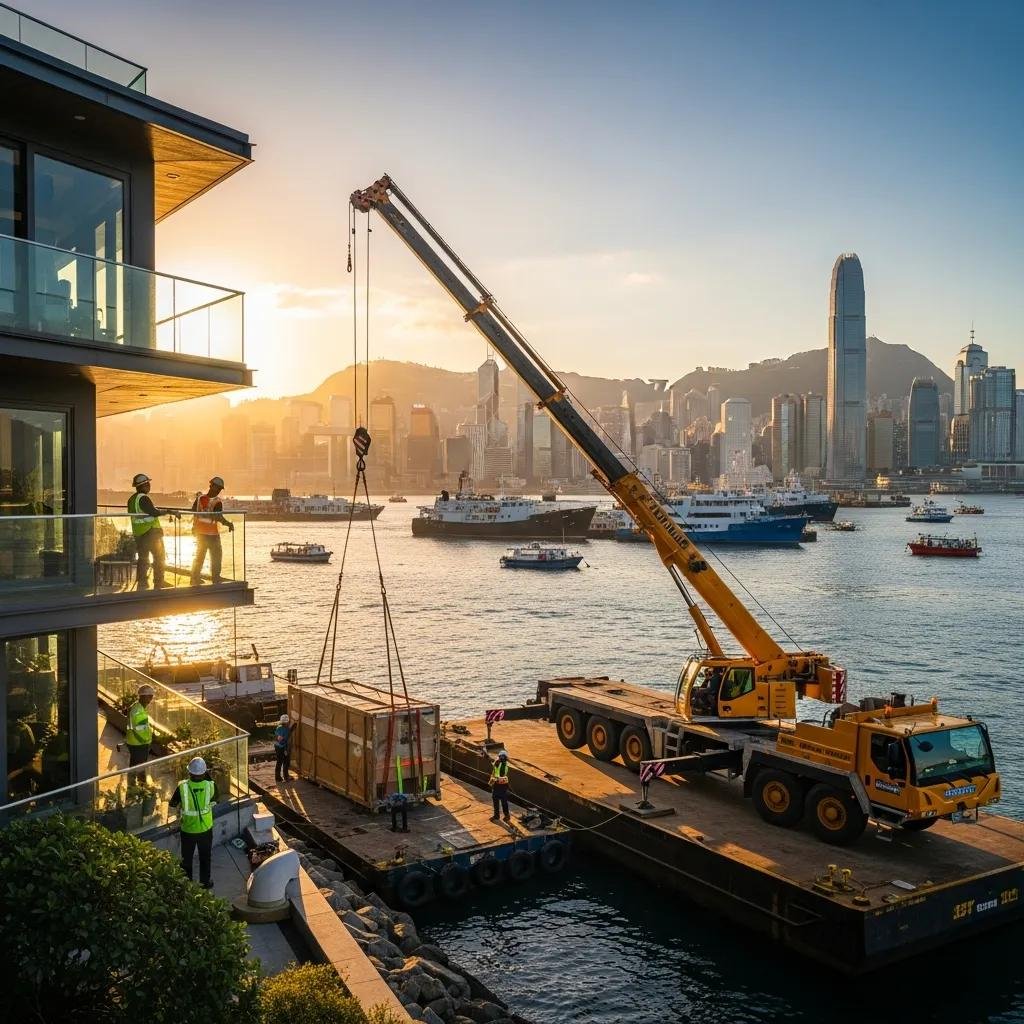 Movers using crane for waterfront relocation with harbor and city skyline