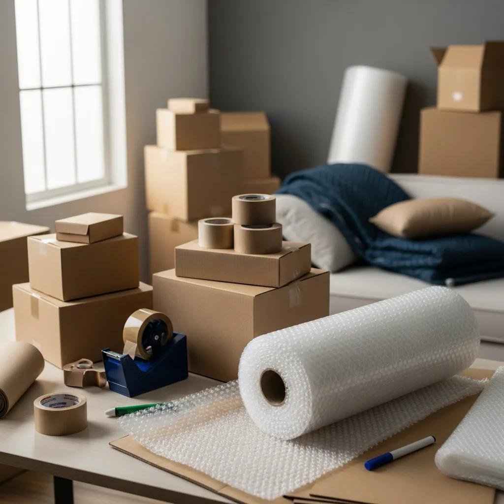 Packing supplies and organized scene for moving preparation