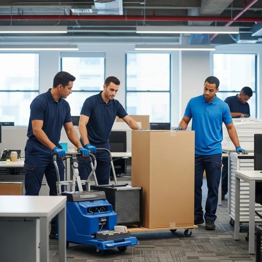 Professional movers packing office equipment in a modern Boston office, highlighting teamwork and organization