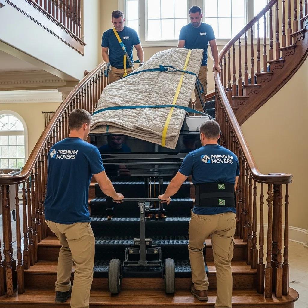 Professional movers transporting a grand piano safely down stairs, highlighting specialty moving services