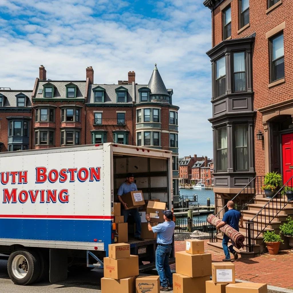 South Boston moving truck at waterfront property with movers loading boxes