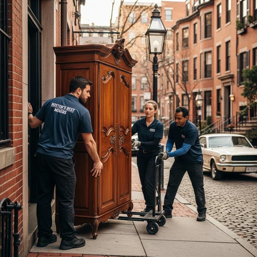 Specialty furniture movers handling an antique piece in a Boston neighborhood, showcasing local expertise
